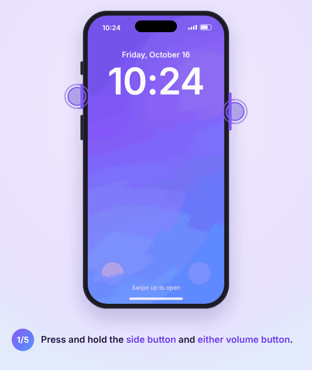 Animation of Emergency SOS on iPhone: hold the side and volume buttons, the Emergency SOS slider appears, a countdown runs, the call starts and emergency contacts get your location