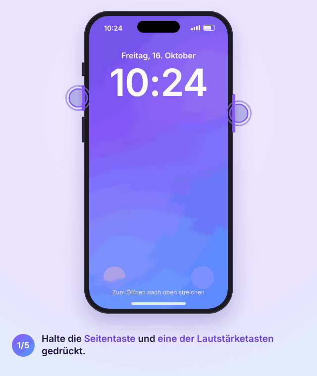 Animation von Notruf SOS auf dem iPhone: Seitentaste und Lautstärketaste gedrückt halten, der Regler Notruf SOS erscheint, ein Countdown läuft, der Anruf startet und die Notfallkontakte bekommen deinen Standort