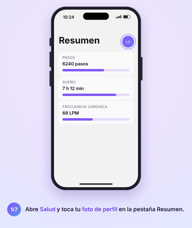 Animación de la app Salud en iPhone: tocar la foto de perfil, Datos médicos, Editar, añadir un contacto de emergencia, elegir el contacto y la relación y activar Ver cuando está bloqueado
