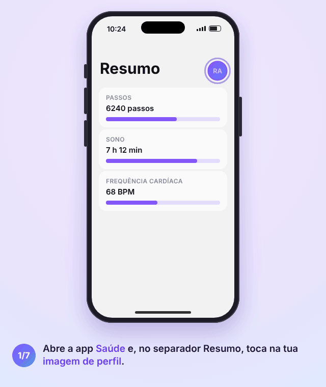 Animação da app Saúde no iPhone: tocar na imagem de perfil, Ficha médica, Editar, adicionar contacto de emergência, escolher o contacto e a relação e ativar a opção de ver no ecrã bloqueado