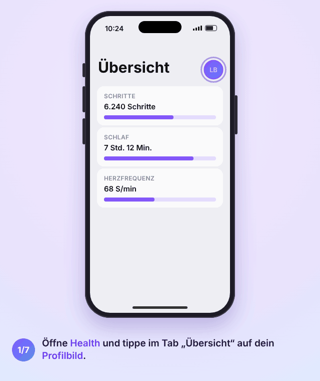 Animation der Health-App auf dem iPhone: aufs Profilbild tippen, Notfallpass, Bearbeiten, Notfallkontakt hinzufügen, Kontakt und Beziehung auswählen und Im Sperrzustand zeigen aktivieren