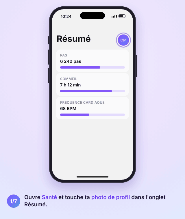 Animation de l'app Santé sur iPhone : toucher la photo de profil, Fiche médicale, Modifier, ajouter un contact d'urgence, choisir un contact et la relation, puis activer Afficher en mode verrouillé