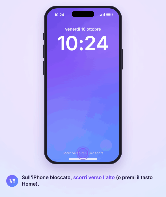 Animazione di un iPhone bloccato: scorri verso l'alto, tocca Emergenza, digita il 911, poi apri la cartella clinica con i contatti di emergenza del proprietario