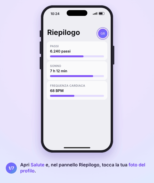Animazione dell'app Salute su iPhone: tocca la foto del profilo, Cartella clinica, Modifica, aggiungi un contatto di emergenza, scegli il contatto e la relazione, poi attiva Mostra quando bloccato