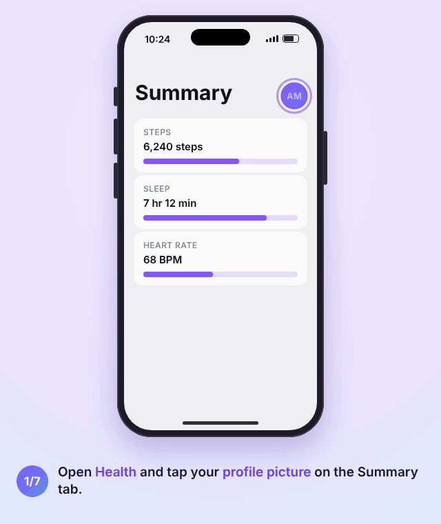 Animation of the Health app on iPhone: tap the profile picture, Medical ID, Edit, add emergency contact, pick a contact and relationship, then turn on Show When Locked