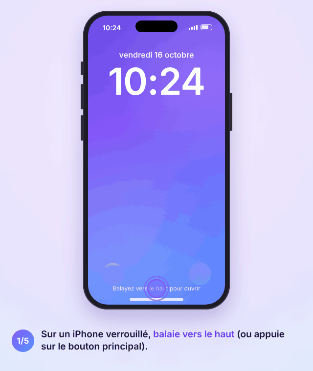 Animation d'un iPhone verrouillé : balayer vers le haut, toucher Urgence, composer un numéro d'urgence, puis ouvrir la fiche médicale avec les contacts d'urgence du propriétaire