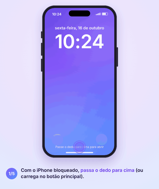 Animação de um iPhone bloqueado: passar o dedo para cima, tocar em Emergência, marcar o número e abrir a Ficha médica com os contactos de emergência do dono