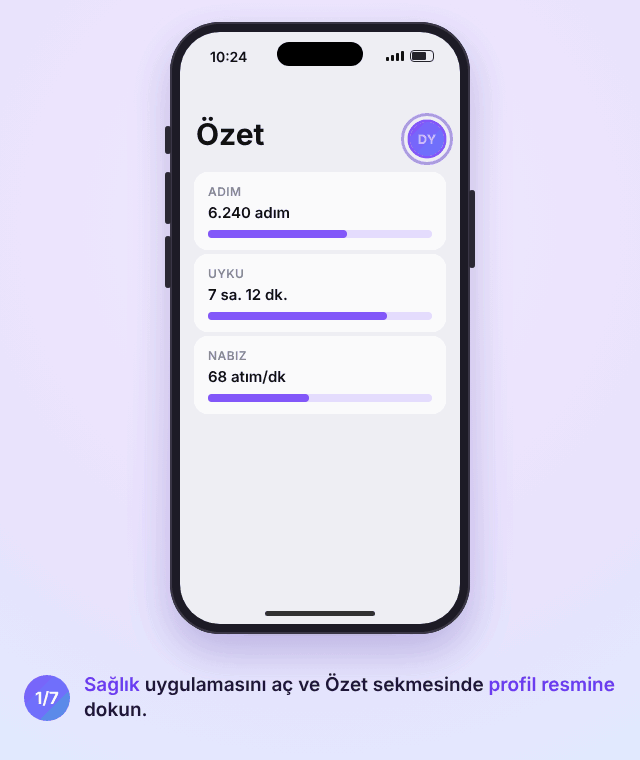 iPhone'da Sağlık uygulaması animasyonu: profil resmine, Tıbbi Kimlik'e ve Düzenle'ye dokunuluyor, acil durum kişisi ekleniyor, kişi ve yakınlık seçiliyor, ardından Kilitliyken Göster açılıyor