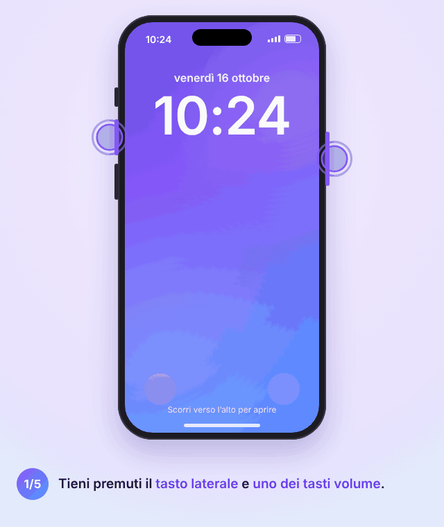 Animazione di SOS emergenze su iPhone: tieni premuti il tasto laterale e un tasto volume, compare il cursore SOS emergenze, parte il conto alla rovescia, la chiamata inizia e i contatti di emergenza ricevono la tua posizione