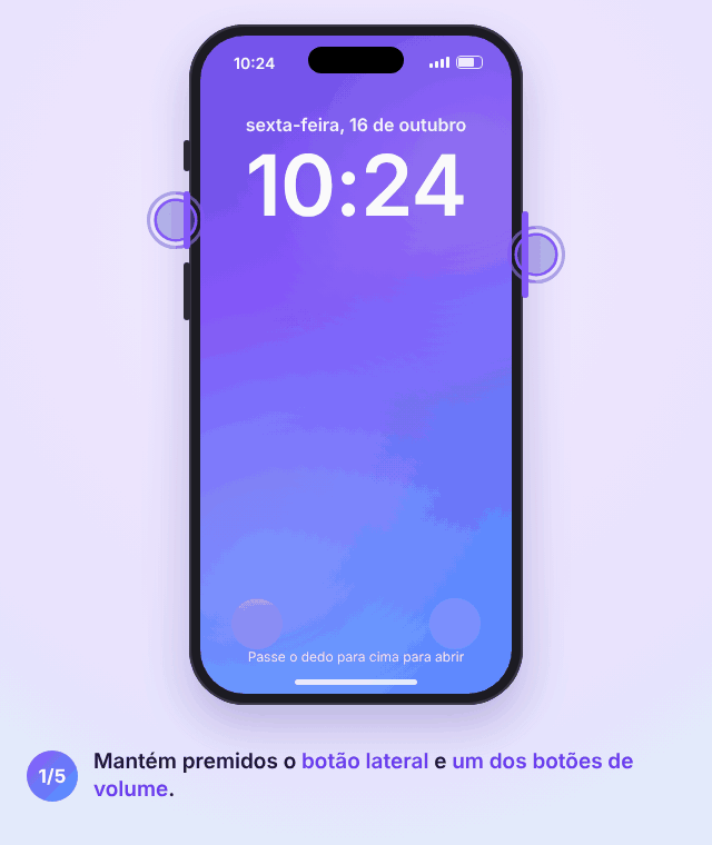 Animação do SOS emergência no iPhone: manter premidos o botão lateral e o de volume, aparece o nivelador SOS emergência, corre a contagem decrescente, a chamada começa e os contactos de emergência recebem a localização
