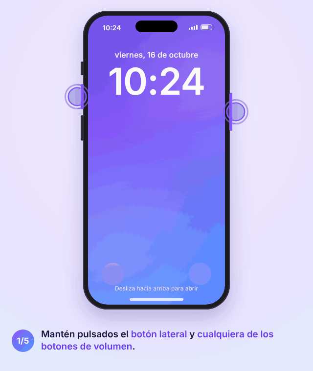 Animación de Emergencia SOS en iPhone: mantener pulsados el botón lateral y el de volumen, aparece el control Emergencia SOS, corre la cuenta atrás, empieza la llamada y los contactos de emergencia reciben tu ubicación