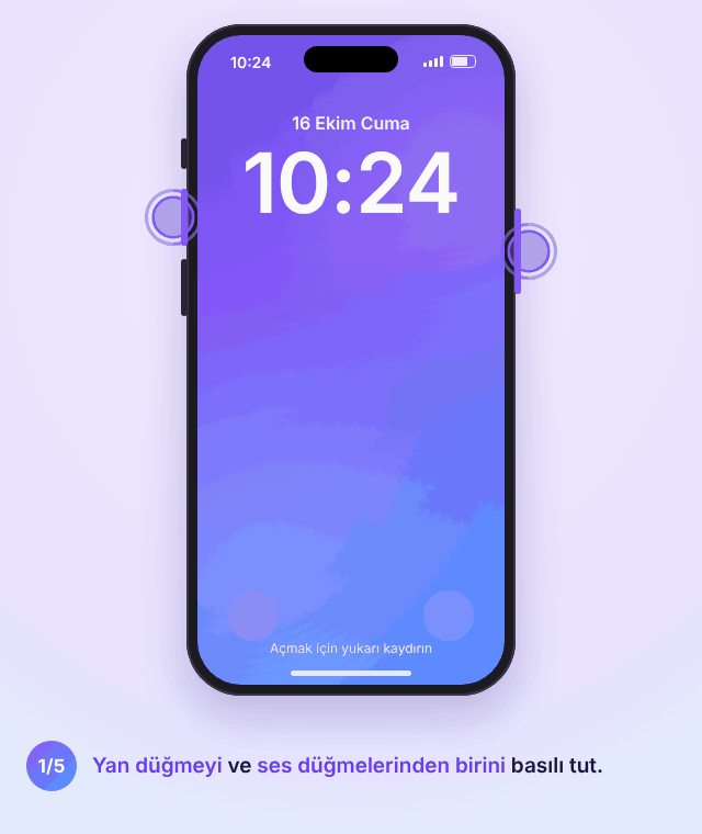 iPhone'da Acil SOS animasyonu: yan düğme ve ses düğmesi basılı tutuluyor, Acil SOS sürgüsü çıkıyor, geri sayım işliyor, arama başlıyor ve acil durum kişilerine konum gidiyor