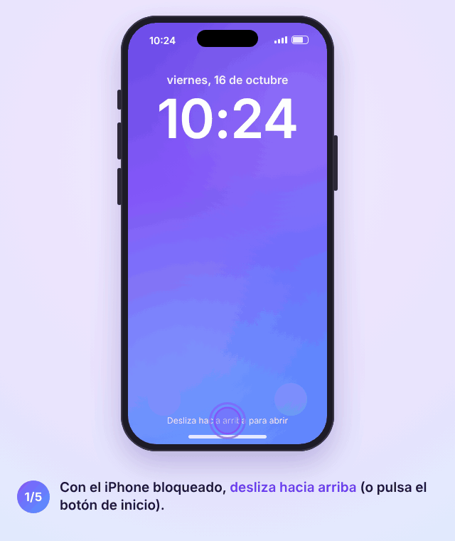 Animación de un iPhone bloqueado: deslizar hacia arriba, tocar Emergencia, marcar el 911 y abrir los datos médicos con los contactos de emergencia del dueño