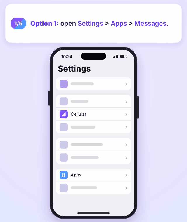 Animation: on iPhone, open Settings > Apps > Messages and turn off iMessage; or, to keep iMessage on Wi-Fi only, open Settings > Cellular, scroll to the list of apps and turn off Messages. Send as Text Message, in the same Messages settings, decides whether texts go as SMS when iMessage isn't available.