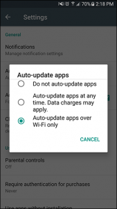 Screenshot of android smartphone that apps only update when connected to WiFi